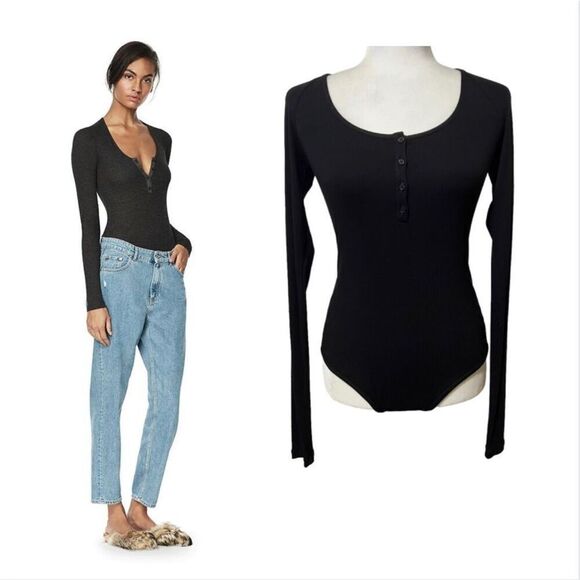 Alix Nyc Ribbed Bodysuit Black Long-Sleeve Soft Henley Size XSmall NWOT - Picture 1 of 14